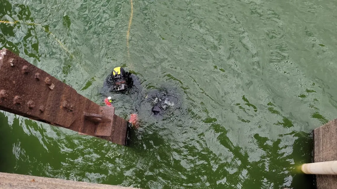Mergulhador de capuz amarelo na superfície da água esverdeada do reservatório, ao lado de uma estrutura metálica enferrujada parcialmente submersa.